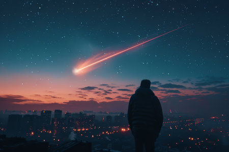 Stunning night landscape featuring a shooting star blazing across a star-filled sky above a lit mountain valley.の素材