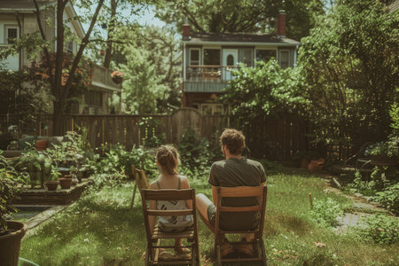A family is gathered around a wooden table, enjoying a meal together in a lush backyard garden at dusk.の素材