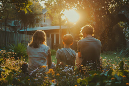 A family is gathered around a wooden table, enjoying a meal together in a lush backyard garden at dusk.の素材