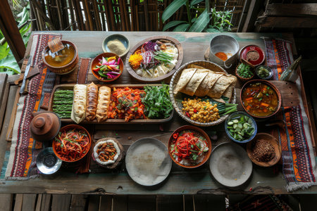 An elaborate spread of Middle Eastern dishes displayed on a rustic wooden table.の素材
