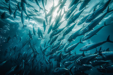 A dynamic underwater scene of a school of tuna fish moving swiftly through the sunlit blue ocean waters.の素材