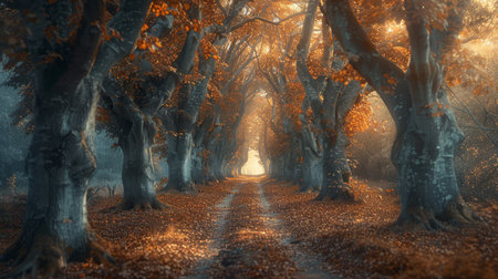 A breathtaking forest pathway surrounded by towering trees with fiery autumn leaves, bathed in the soft light of sunrise.の素材