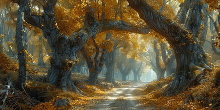 A breathtaking forest pathway surrounded by towering trees with fiery autumn leaves, bathed in the soft light of sunrise.の素材