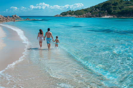 A parent and children walking hand in hand along a pristine sandy beach with clear turquoise waters under a sunny sky.の素材