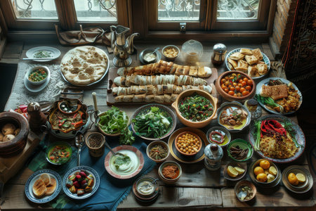 An inviting spread of various traditional dishes laid out on a rustic table, featuring a mix of vibrant colors and textures.の素材