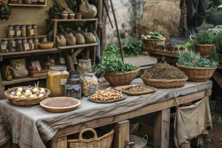 A rustic table laden with baskets of fresh herbs and legumes, jars of grains, and farm produce, evoking a farm-to-table freshness.の素材