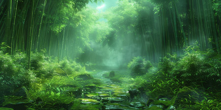 A tranquil stone path winds through a dense bamboo forest, with ethereal sunrays filtering through the misty air.の素材