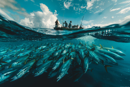 Fishermen on a small boat above a large school of fish captured in a stunning split underwater and above water shot in the open ocean.の素材
