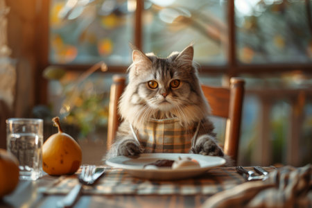 A fluffy Persian cat sits at a dinner table set with candles, wine, and a sumptuous meal, adding whimsy to the scene.の素材