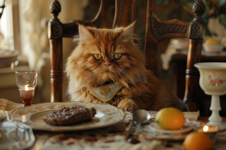 A fluffy Persian cat sits at a dinner table set with candles, wine, and a sumptuous meal, adding whimsy to the scene.の素材