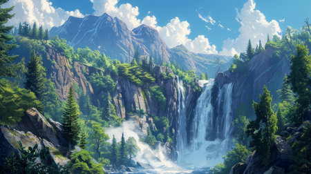 A breathtaking panorama of a powerful waterfall cascading down a rocky cliff into a river, surrounded by a verdant mountain forest under a clear blue sky.の素材