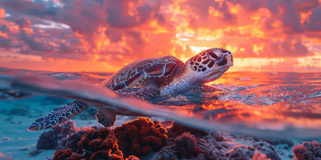A majestic sea turtle is seen entering the ocean, with the dramatic backdrop of a vibrant sunset and soaring birds.の素材