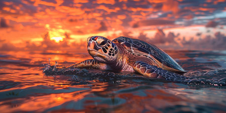 A majestic sea turtle is seen entering the ocean, with the dramatic backdrop of a vibrant sunset and soaring birds.の素材