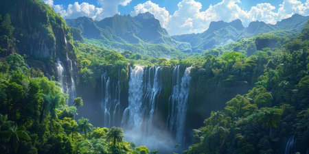 A breathtaking panorama of a powerful waterfall cascading down a rocky cliff into a river, surrounded by a verdant mountain forest under a clear blue sky.の素材