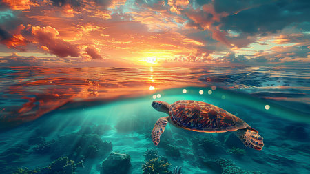 A majestic sea turtle is seen entering the ocean, with the dramatic backdrop of a vibrant sunset and soaring birds.の素材