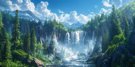 A breathtaking panorama of a powerful waterfall cascading down a rocky cliff into a river, surrounded by a verdant mountain forest under a clear blue sky.の素材