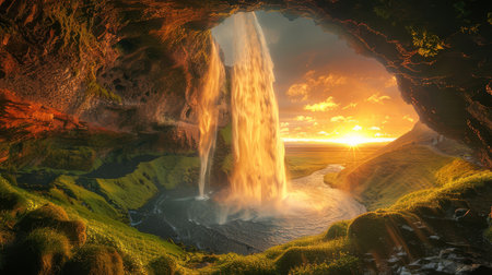 A breathtaking sunset view cascading over a lush, vibrant waterfall surrounded by rich greenery.の素材