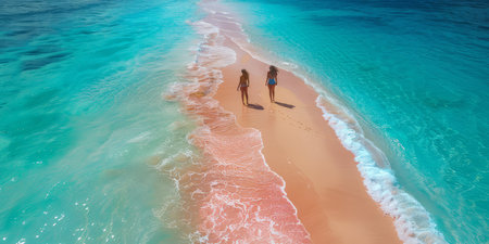 A parent and children walking hand in hand along a pristine sandy beach with clear turquoise waters under a sunny sky.の素材