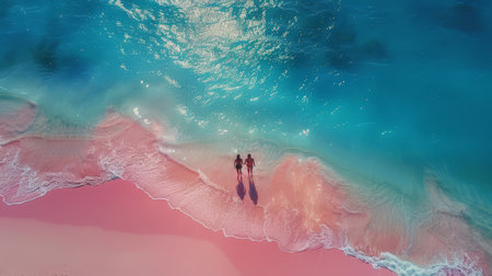 A parent and children walking hand in hand along a pristine sandy beach with clear turquoise waters under a sunny sky.の素材