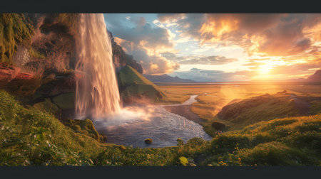 A breathtaking sunset view cascading over a lush, vibrant waterfall surrounded by rich greenery.の素材