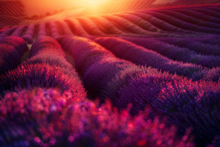 The warm sunset bathes purple lavender fields in a soft, enchanting light, highlighting the beauty of the floral landscape.の素材