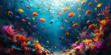 A colorful underwater scene featuring a diverse array of tropical fish swimming among coral reefs.の素材
