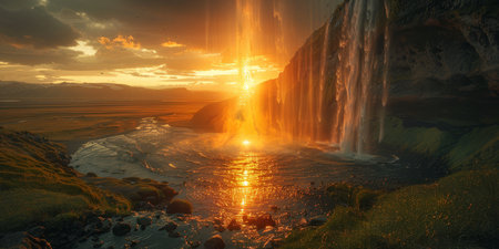 A breathtaking sunset view cascading over a lush, vibrant waterfall surrounded by rich greenery.の素材