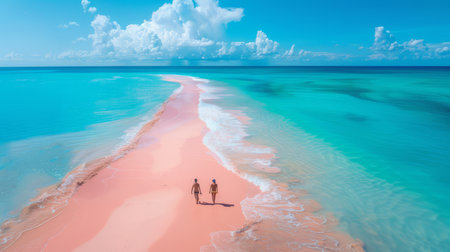 A parent and children walking hand in hand along a pristine sandy beach with clear turquoise waters under a sunny sky.の素材