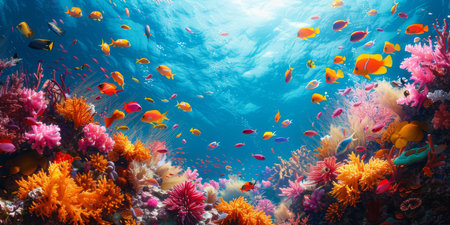 A colorful underwater scene featuring a diverse array of tropical fish swimming among coral reefs.の素材