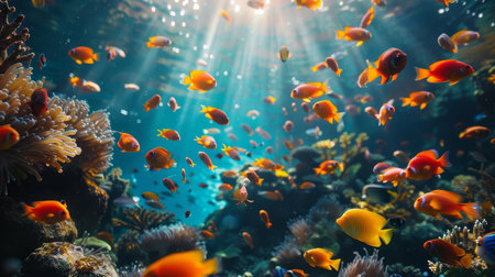 A colorful underwater scene featuring a diverse array of tropical fish swimming among coral reefs.の素材