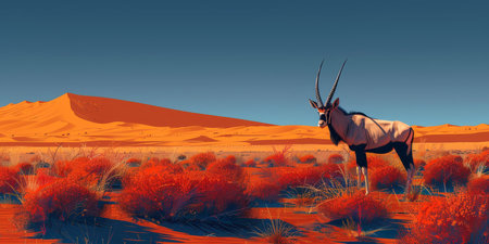 A majestic oryx antelope stands atop a sand dune against a vibrant orange desert background.の素材