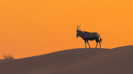 A majestic oryx antelope stands atop a sand dune against a vibrant orange desert background.の素材
