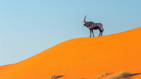 A majestic oryx antelope stands atop a sand dune against a vibrant orange desert background.の素材