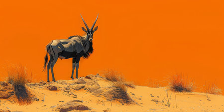 A majestic oryx antelope stands atop a sand dune against a vibrant orange desert background.の素材