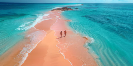 A parent and children walking hand in hand along a pristine sandy beach with clear turquoise waters under a sunny sky.の素材