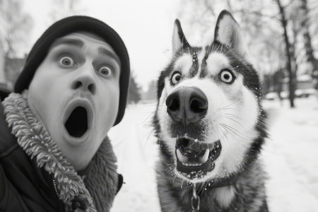 Black and white image capturing the humorous and expressive faces of a man and a Siberian Husky in a snowy setting.の素材