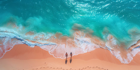 A parent and children walking hand in hand along a pristine sandy beach with clear turquoise waters under a sunny sky.の素材