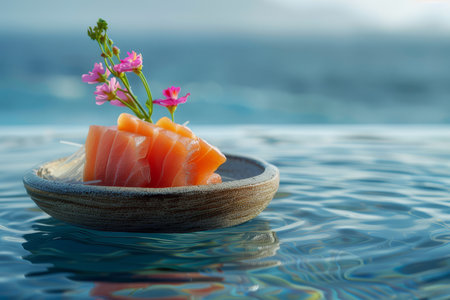An assortment of sushi and sashimi delicately presented on a bamboo mat with a serene ocean view in the background.の素材