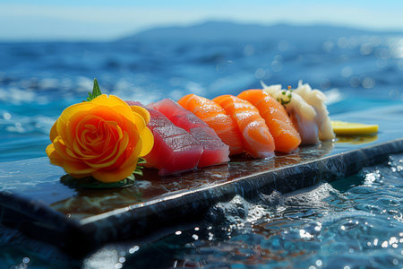 An assortment of sushi and sashimi delicately presented on a bamboo mat with a serene ocean view in the background.の素材