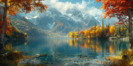 Calm lake reflecting a mountain surrounded by vibrant fall foliage under a blue sky with scattered clouds.の素材