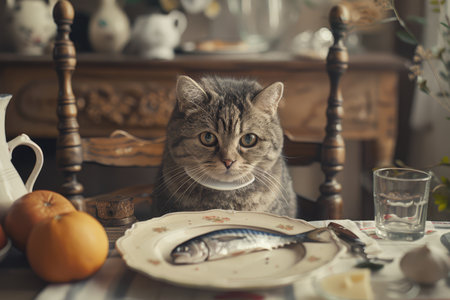 A fluffy Persian cat sits at a dinner table set with candles, wine, and a sumptuous meal, adding whimsy to the scene.の素材