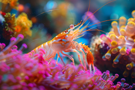 Two vibrant peacock mantis shrimps stand out among the coral reef, showcasing their striking colors and intricate patterns.の素材
