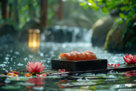 A serene presentation of sushi on a plate beside a gentle waterfall surrounded by vibrant flowers.の素材