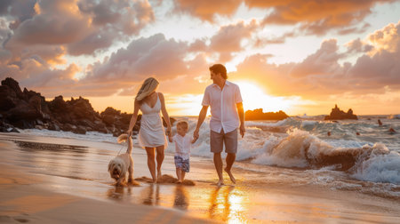 A family enjoys a peaceful walk with their dog on the beach during a stunning sunset, creating a perfect end-of-day scene.の素材