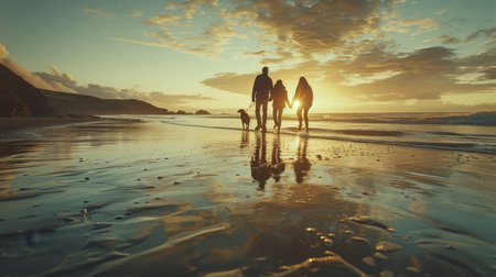 A family enjoys a peaceful walk with their dog on the beach during a stunning sunset, creating a perfect end-of-day scene.の素材
