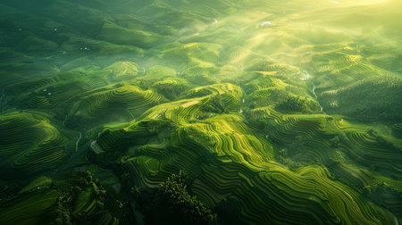 The sun rises, casting golden light over lush green rice terraces enveloped in morning mist among majestic mountains.の素材