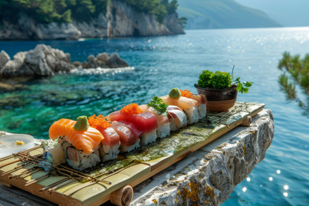 An assortment of sushi and sashimi delicately presented on a bamboo mat with a serene ocean view in the background.の素材