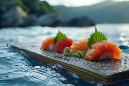 An assortment of sushi and sashimi delicately presented on a bamboo mat with a serene ocean view in the background.の素材
