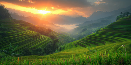 The sun rises, casting golden light over lush green rice terraces enveloped in morning mist among majestic mountains.の素材