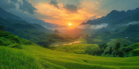 The sun rises, casting golden light over lush green rice terraces enveloped in morning mist among majestic mountains.の素材